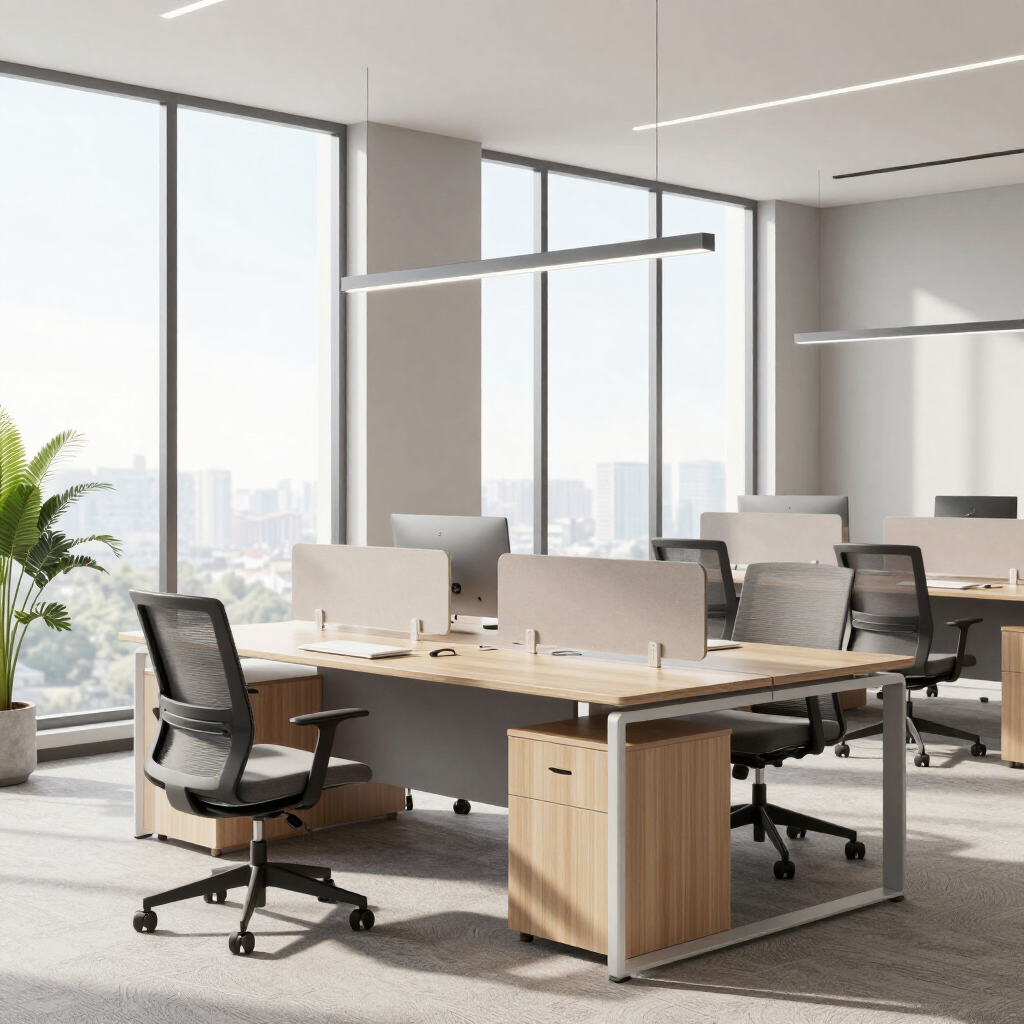 Modern office workspace with wooden desks, ergonomic chairs, and privacy dividers against a backdrop of city windows.