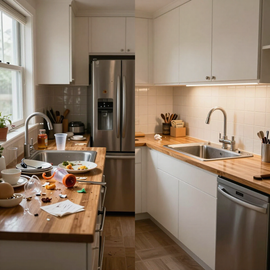Bright, modern kitchen with wooden counters, stainless appliances, and dishes scattered on the left counter.