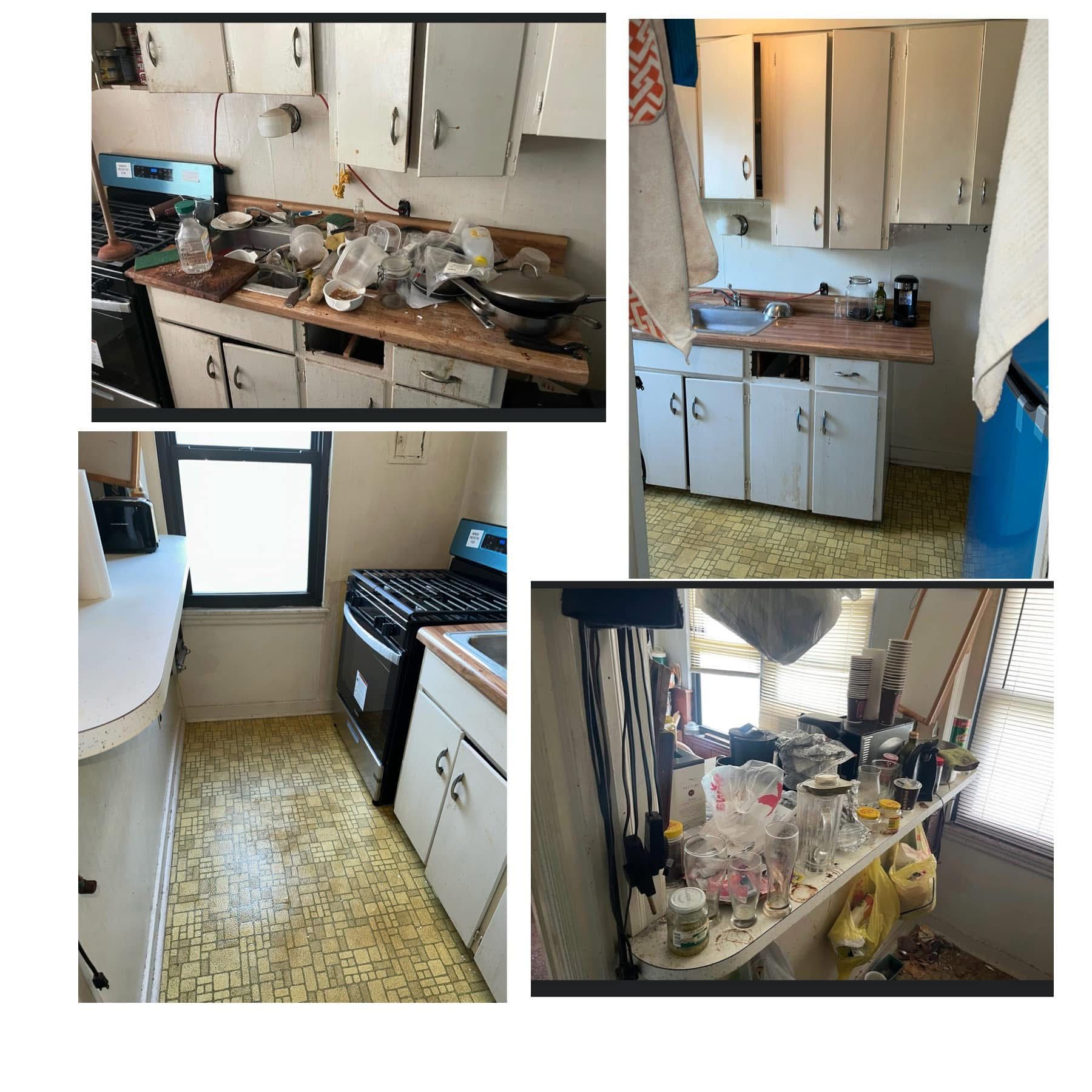 Collage of cluttered kitchen photos with dishes, cluttered counters, cabinets, and a narrow floor runner