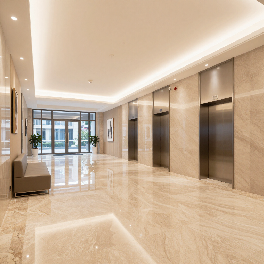 Modern lobby with polished marble floors, a gray bench, and three silver elevators.