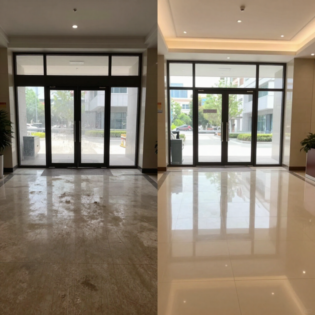 Empty lobby with glossy marble floor and large glass entrance doors
