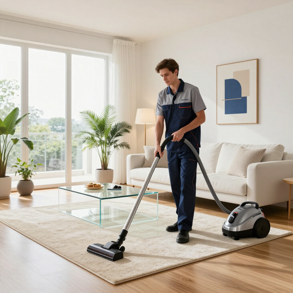 A person in a gray and navy uniform vacuums a light-colored rug in a bright, modern living room.