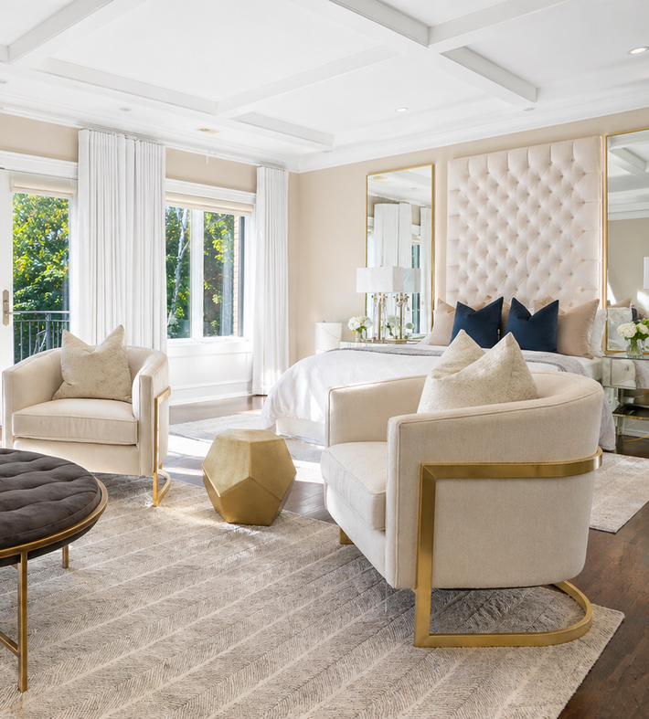 Luxurious bedroom with a tufted white headboard, mirrors, and a neutral color scheme.