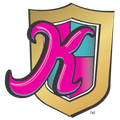 A pink letter x is on a gold shield