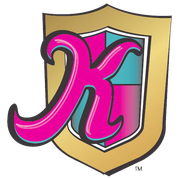 A pink letter x is on a gold shield