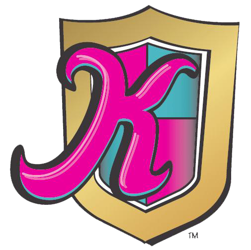 A pink letter x is on a gold shield
