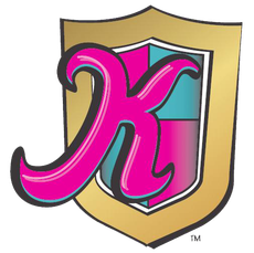 A pink letter x is on a gold shield