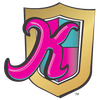 A pink letter x is on a gold shield