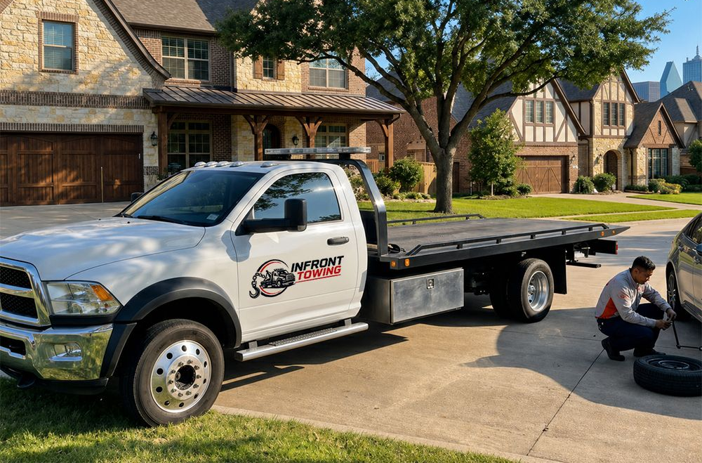 White flatbed tow truck parked on a suburban street, with a man crouching by a car wheel nearby.