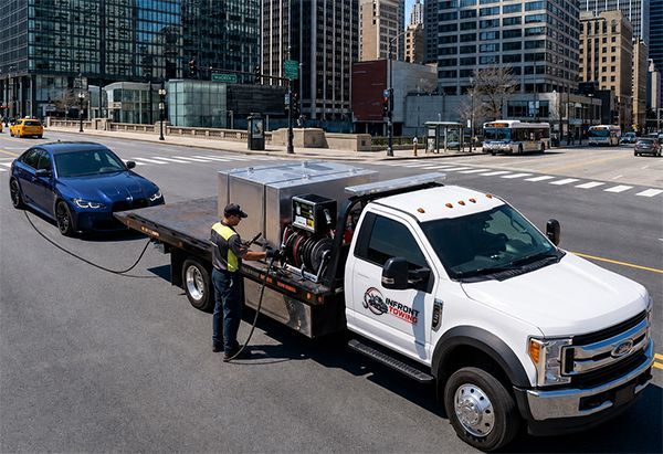 Tow truck towing a blue car on a city street with tall buildings in the background