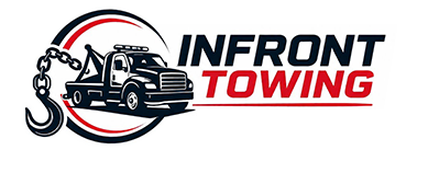 INFRONT Towing logo with black tow truck, red chain ring, and bold black-and-red text