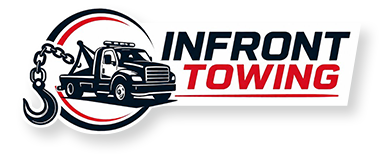 Infront Towing logo with black tow truck inside a red and black circular emblem