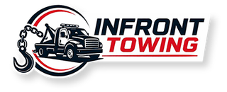 Infront Towing logo with black tow truck inside a red and black circular emblem