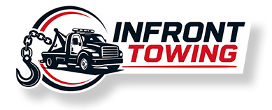 Infront Towing logo with a tow truck, chain hook, and red-and-black text