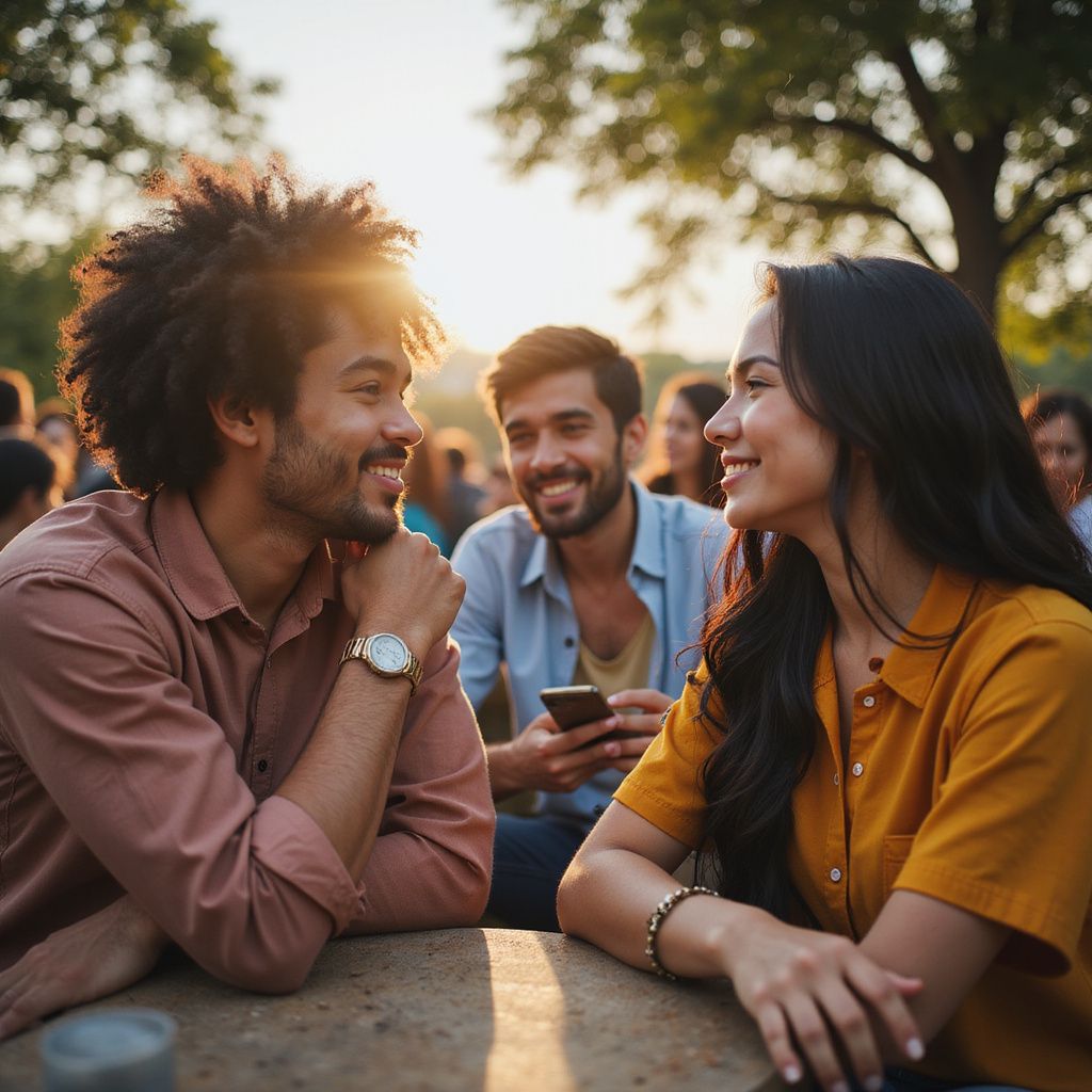 Duas pessoas sorrindo e olhando uma para a outra, sentadas ao ar livre. Uma terceira pessoa sorri ao fundo, segurando um celular.