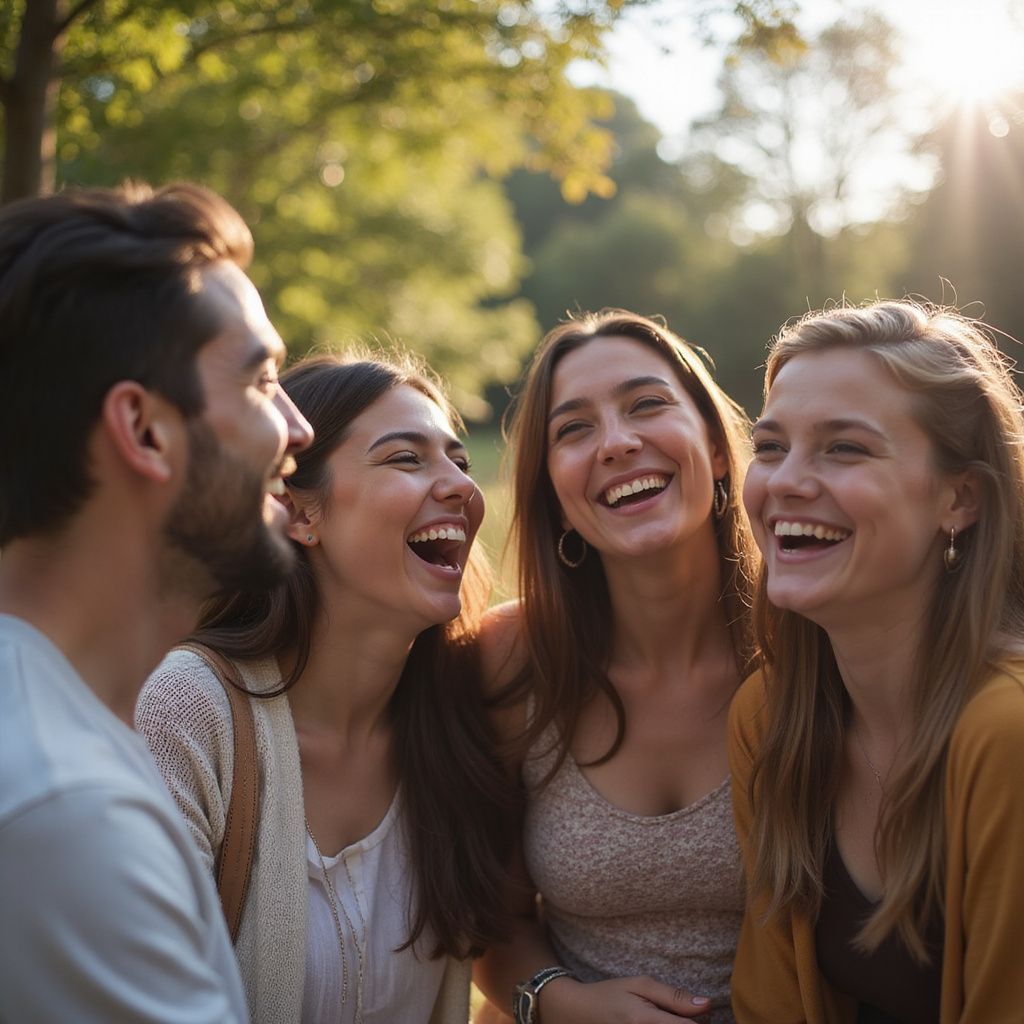 Quatro pessoas rindo ao ar livre em um parque; luz do sol, árvores.