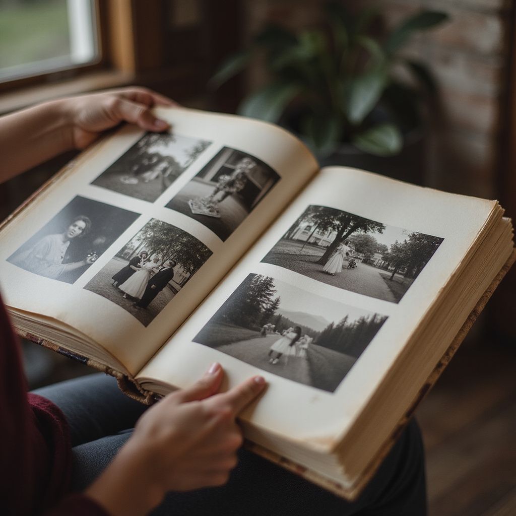 Pessoa segurando um álbum de fotos aberto com fotos de casamento em preto e branco.