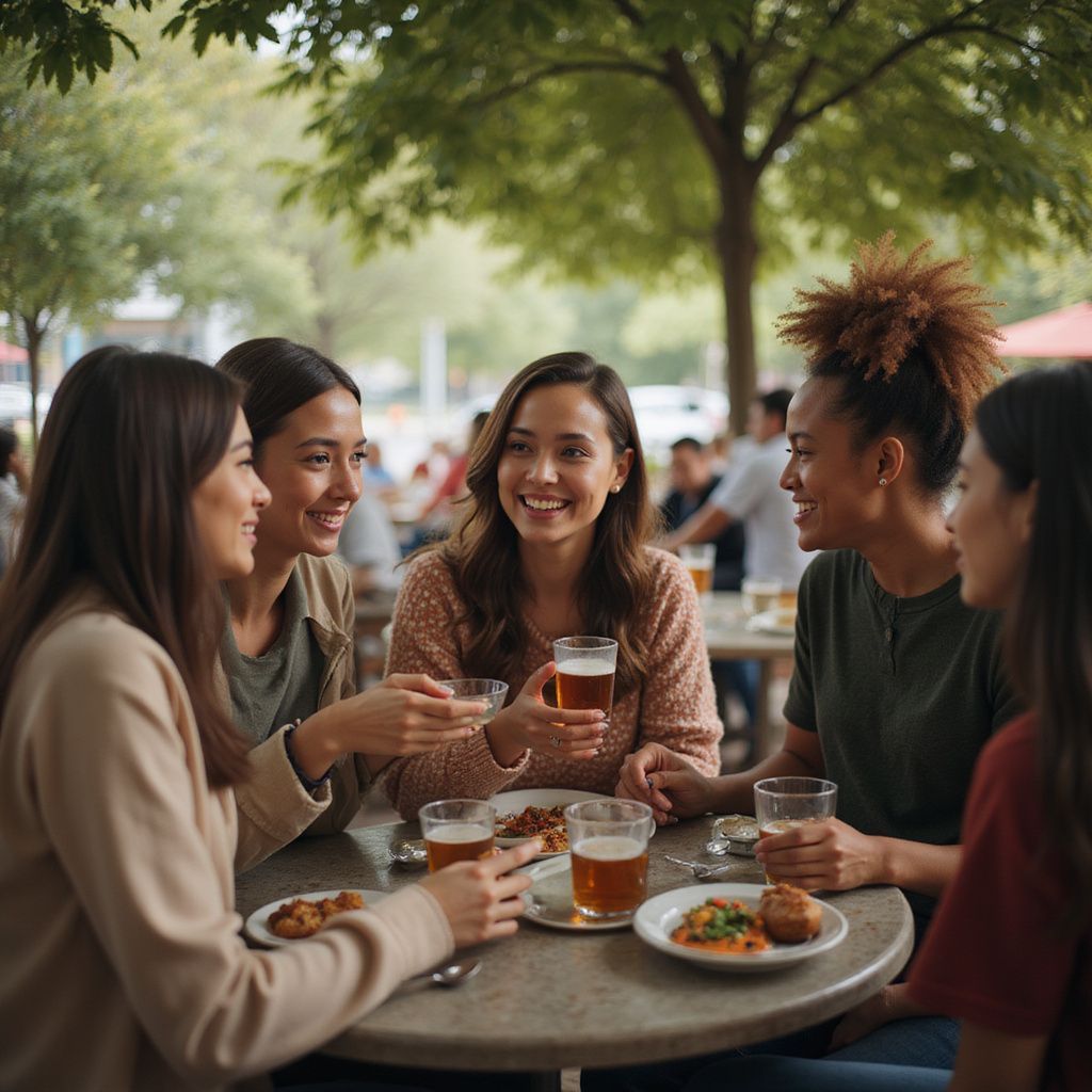 Grupo de amigos em um café ao ar livre, sorrindo, bebendo cerveja e comendo em uma mesa com fundo desfocado.