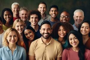 Grupo de pessoas diversas sorrindo, posicionadas bem próximas umas das outras.