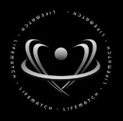 Logotipo da LifeMatch, um design em forma de coração com curvas prateadas e uma esfera central, rodeado pelo texto 