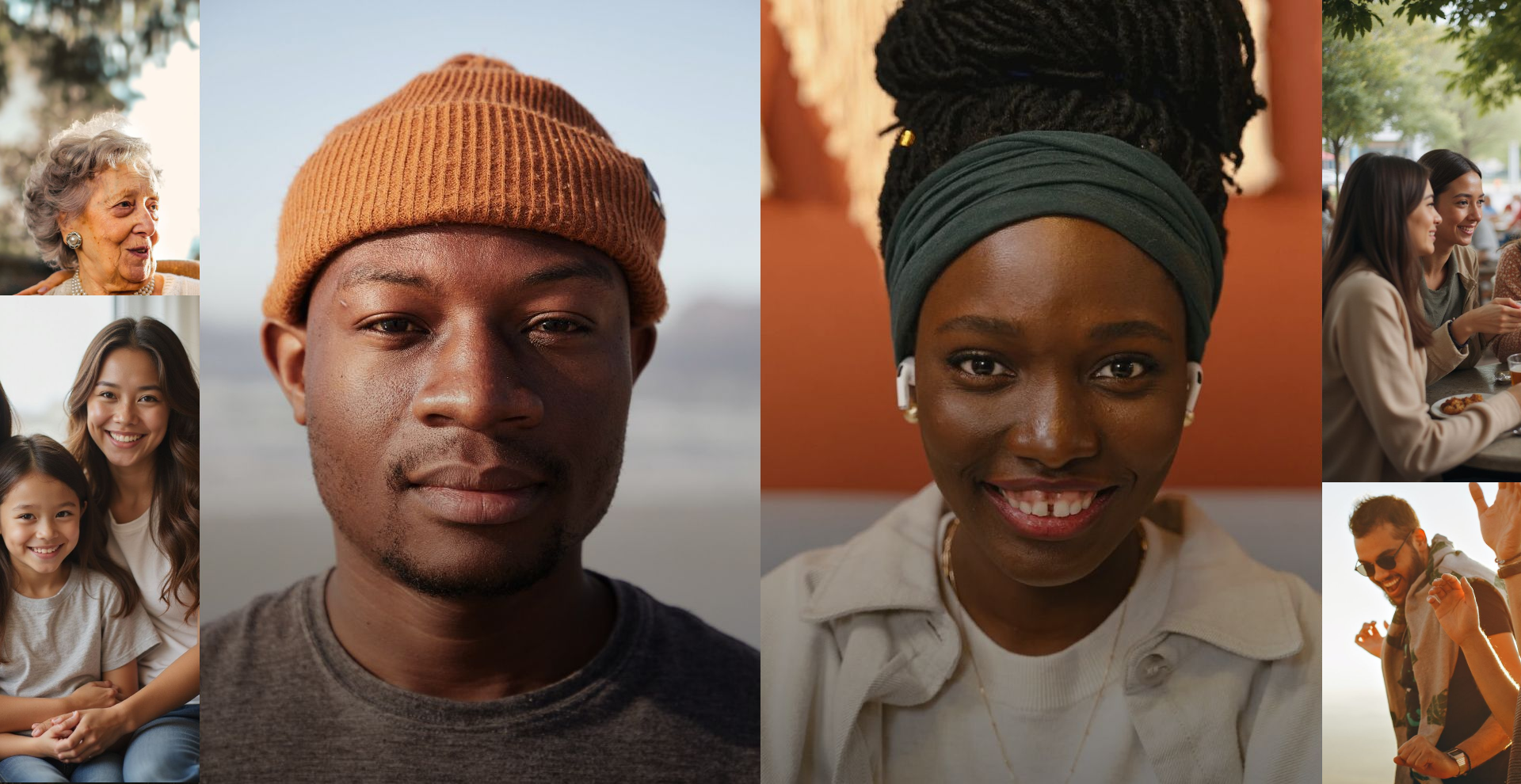 Montagem com diversas pessoas: mulher sorridente com o cabelo enrolado em um cobertor, homem de gorro, entre outros.