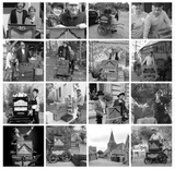 16 zwart-witfoto's van straatorgelspelers op verschillende locaties, met hun instrumenten.