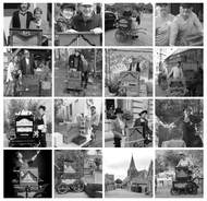 16 zwart-witfoto's van straatorgelspelers op verschillende locaties, met hun instrumenten.