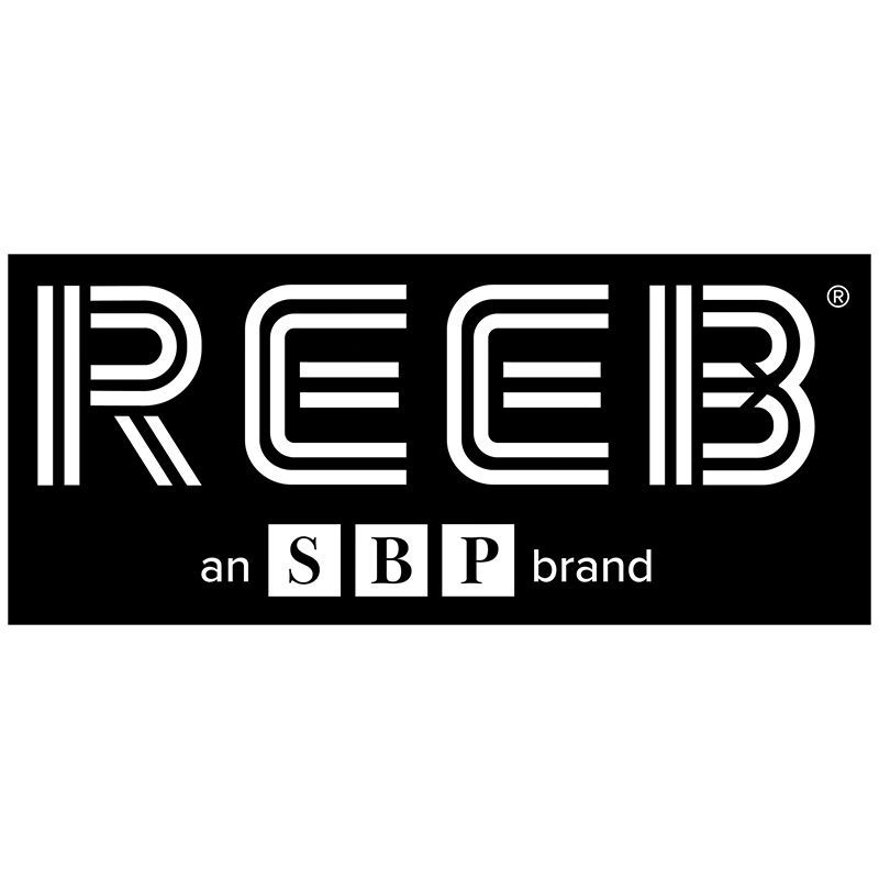 A black and white logo for reeb an sbp brand.