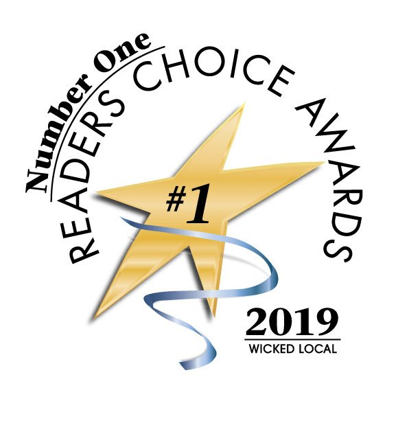 Reader's Choice Awards Number One #1 badge with gold star and blue ribbon, 2019 Wicked Local