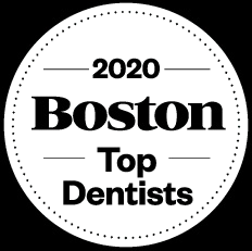 2020 Boston Top Dentists award badge in black and white with dotted border