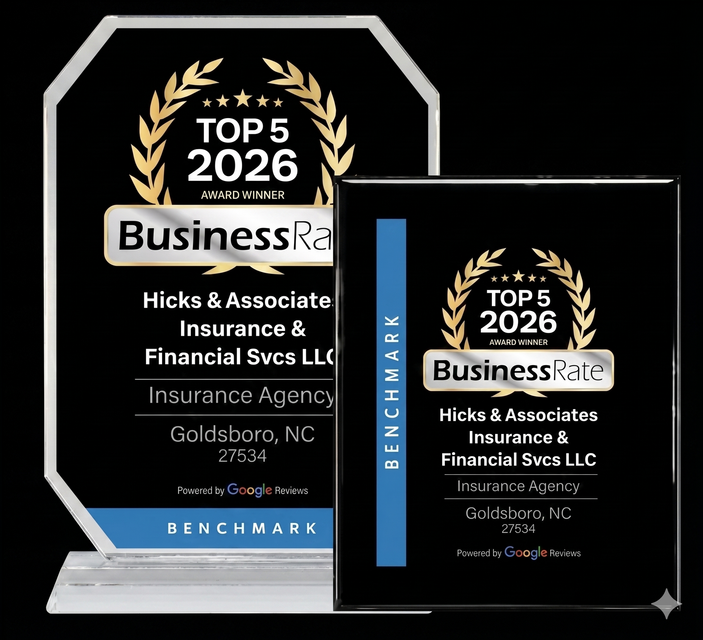 Two black-and-gold BusinessRate Top 5 2026 award plaques for Hicks & Associates Insurance in Raleigh, NC