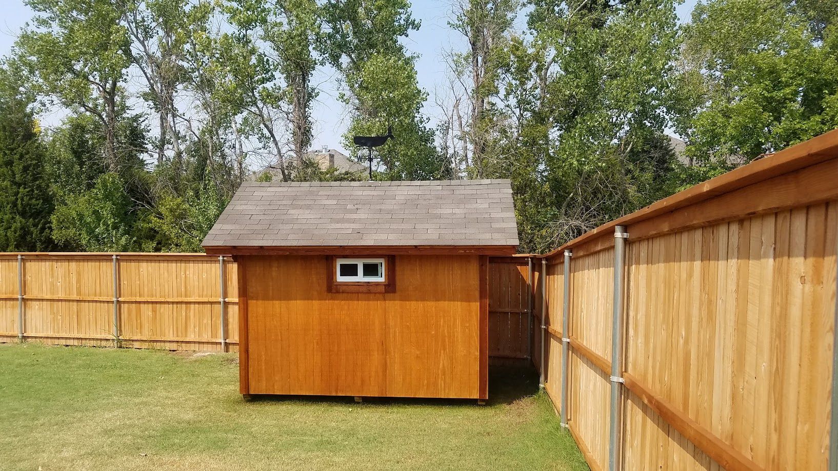 Small wooden shed in a fenced backyard with grass and trees in the background