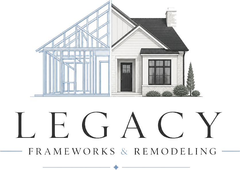 Legacy Frameworks & Remodeling logo with house outline and blue framing sketch