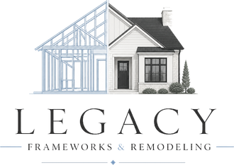 Legacy Frameworks & Remodeling logo with house outline and blue framing sketch