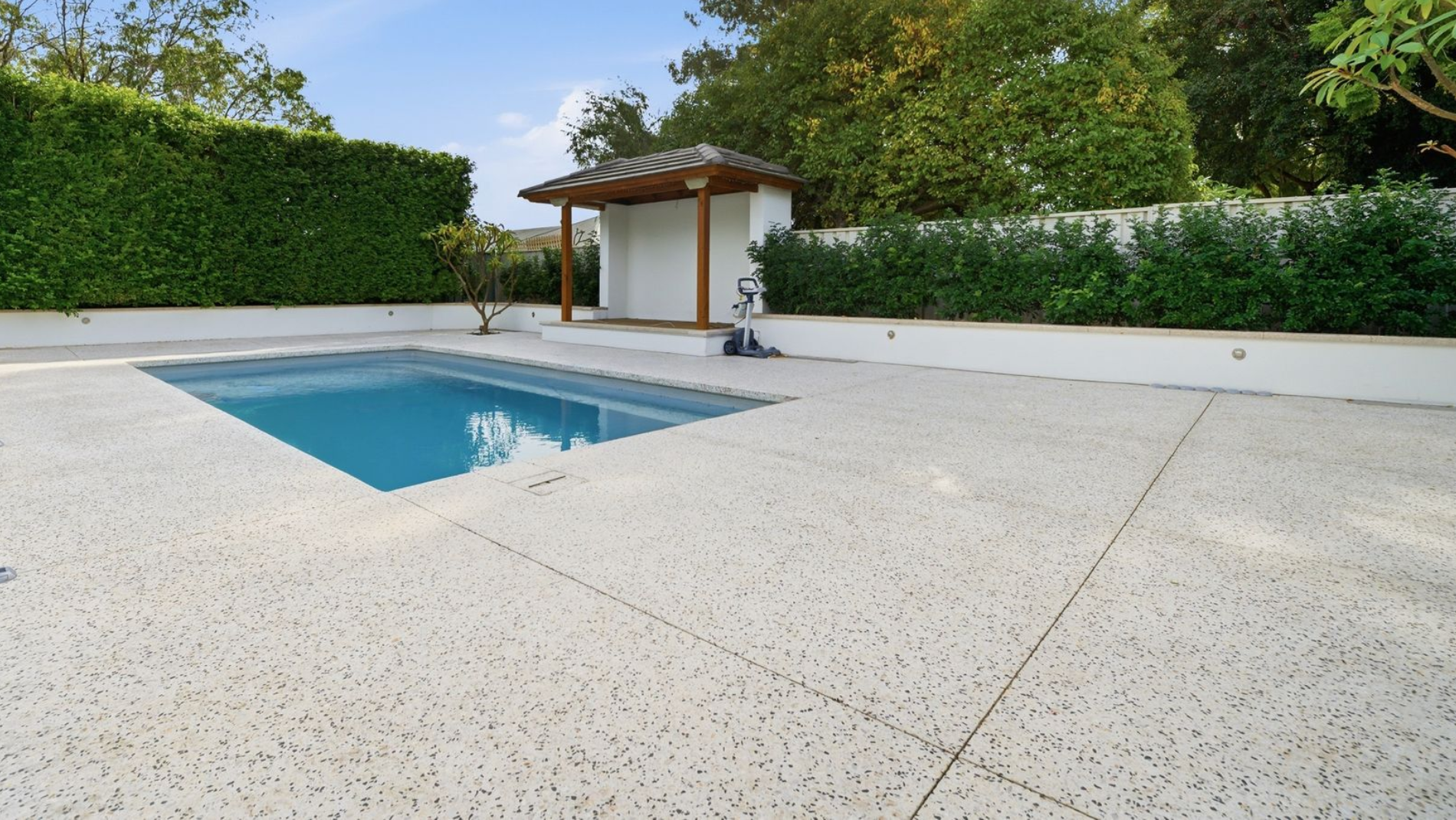 Modern backyard pool with white patio concrete surround, hedges, and a small cabana under