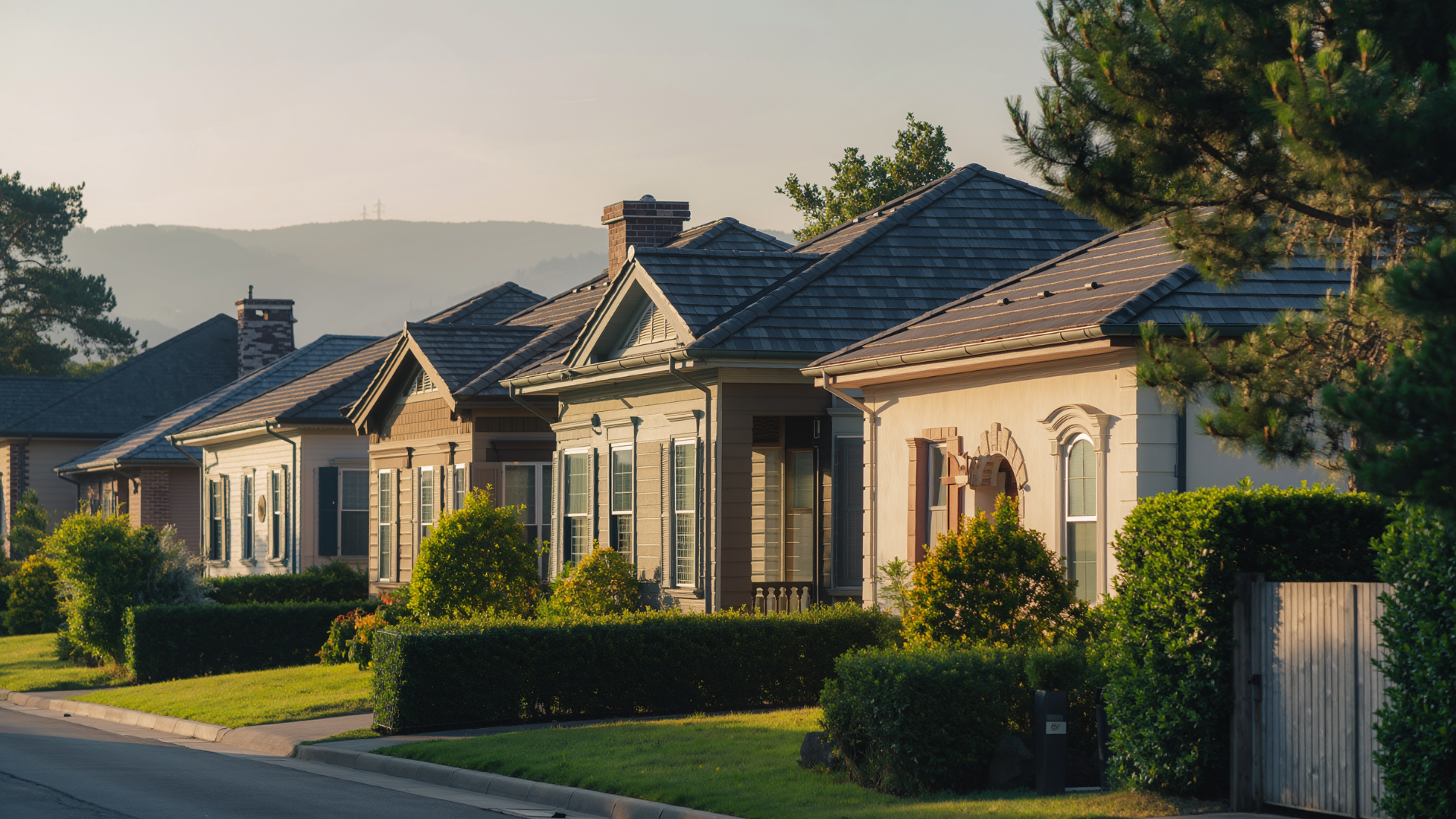 A row of suburban houses with grey roofs and light walls, bordered by manicured hedges and green lawns at sunset.