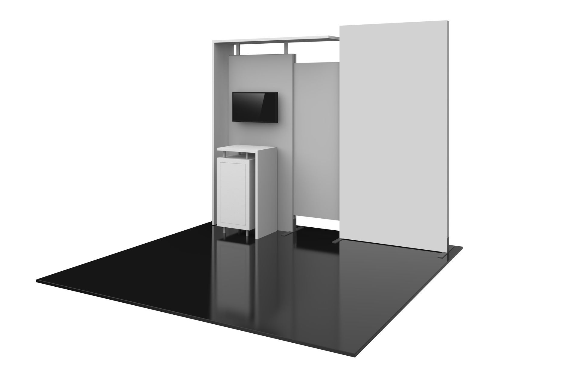 A 3d rendering of a booth with a tv on the wall.