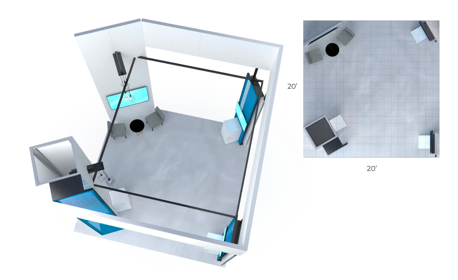 Vision 20x20 Trade Show Booth Layout A 3d model of a 20x20 trade show booth.