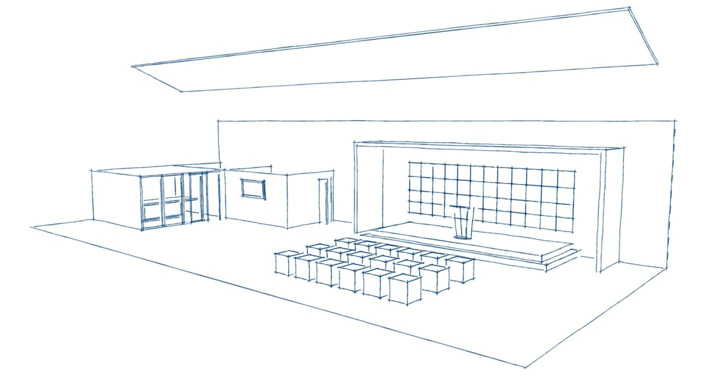 Trade show exhibit concept sketch.