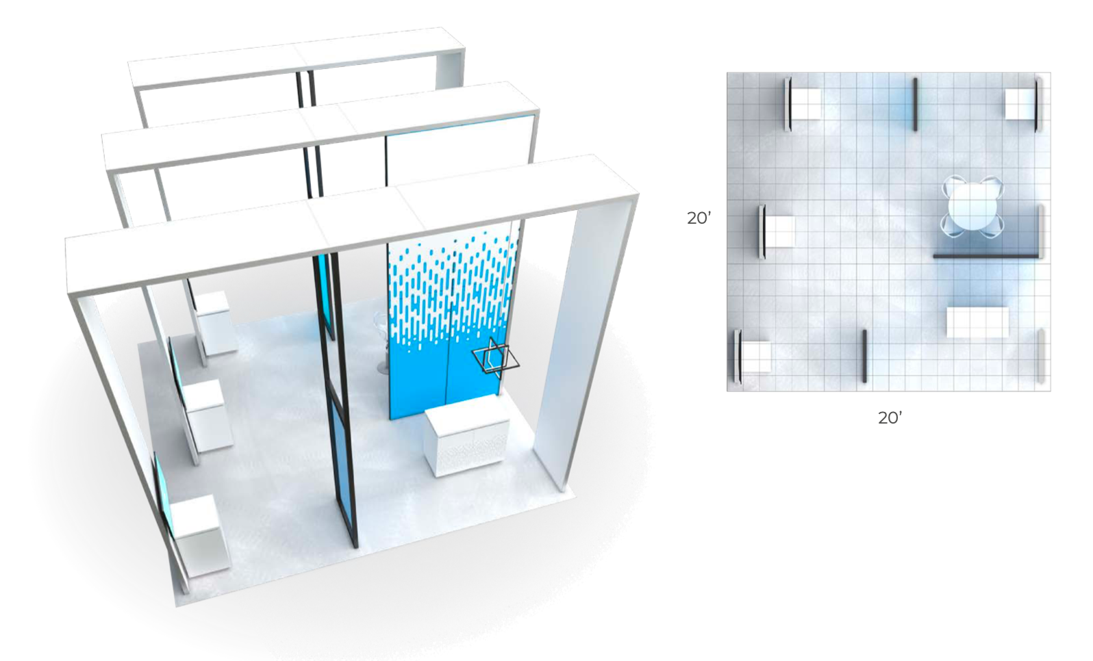 20x20 Island Trade Show Booth Kit Focus 3d model of a 20x20 trade show booth.