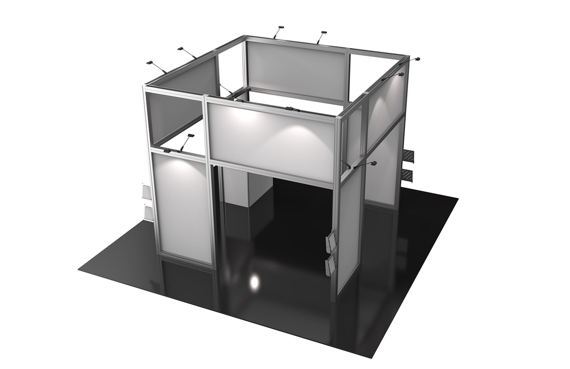 A 3d model of a booth with a black floor