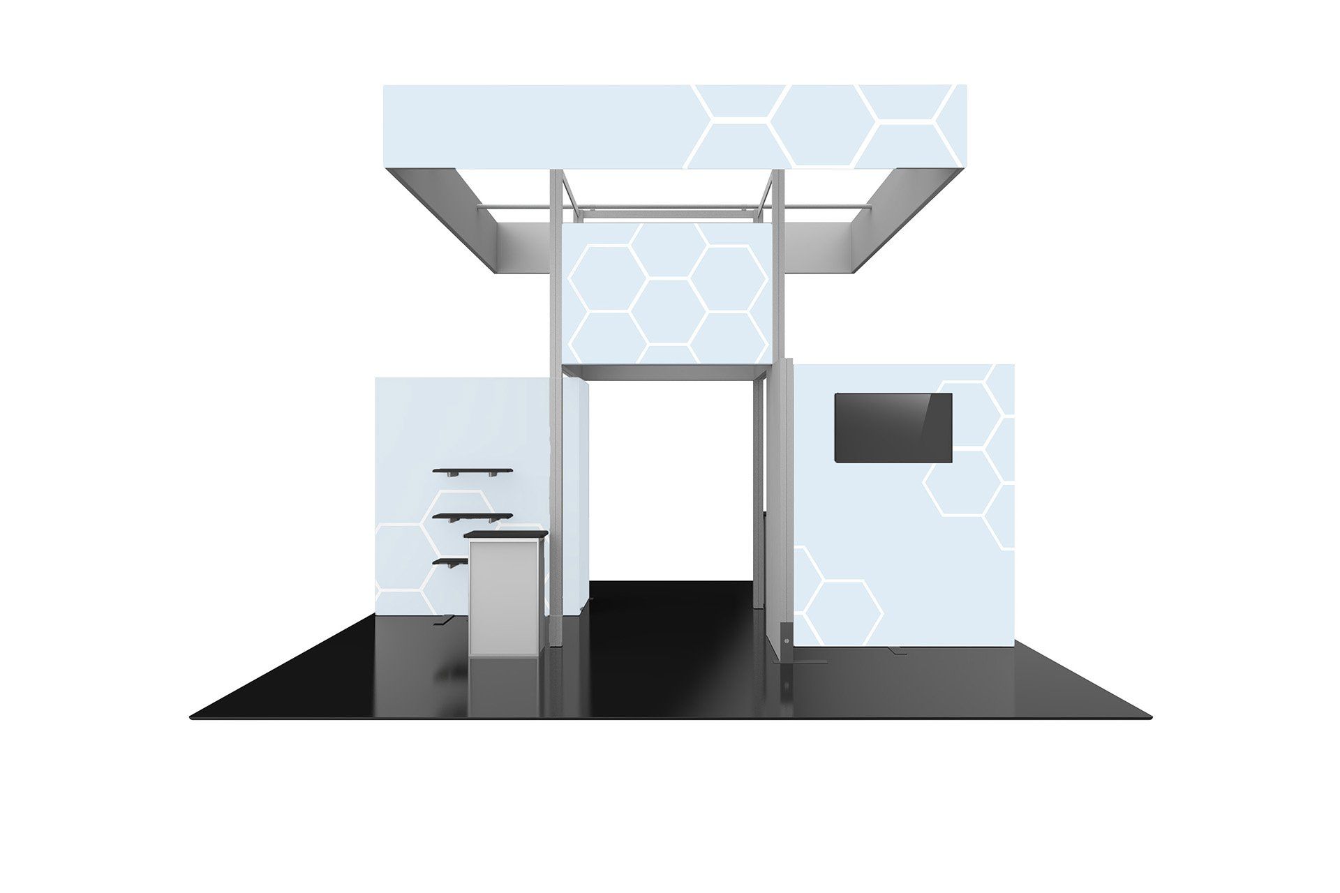 A 3d rendering of a booth with a tv on the wall.