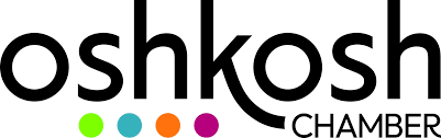A logo for the oshkosh chamber with colorful dots on a white background.