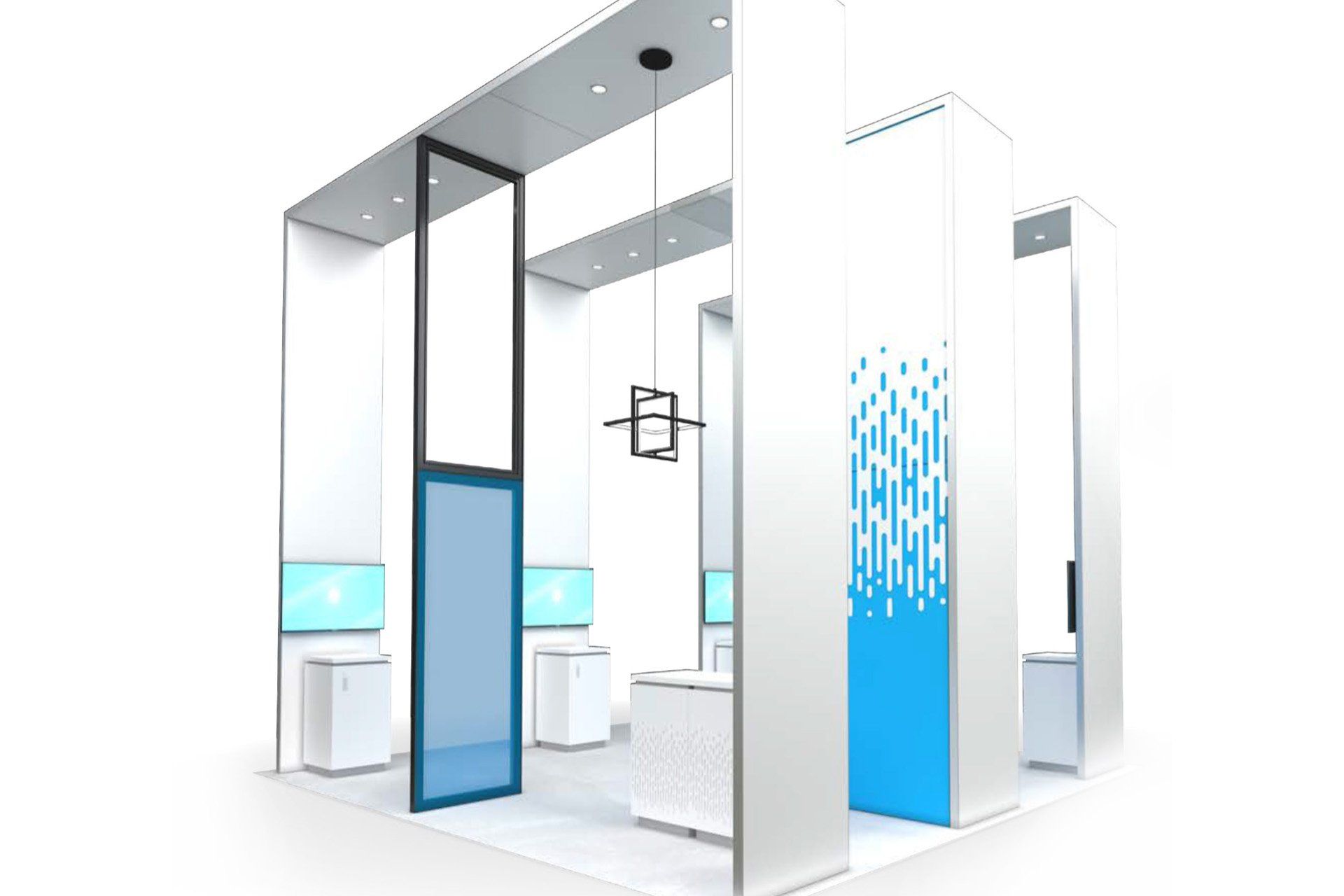 A 3d rendering of a trade show booth with blue and white walls.