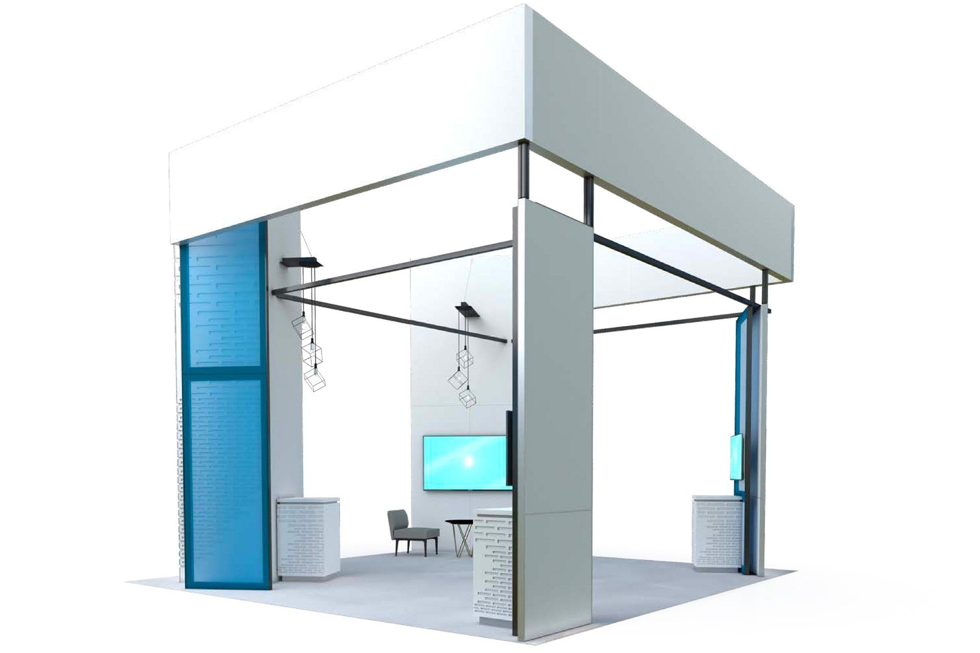 A 3d model of a trade show booth with blue walls