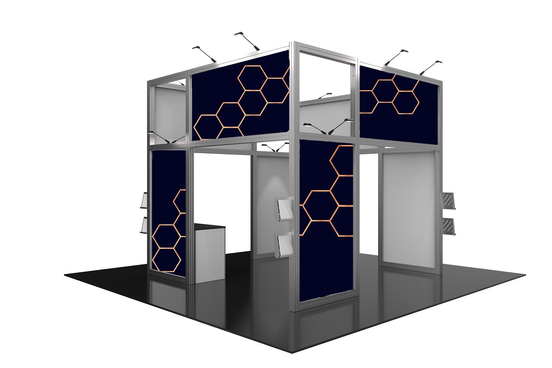 A 3d rendering of a trade show booth with a honeycomb design on the walls.