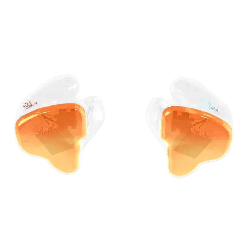 A pair of custom-molded in-ear monitors with transparent white shells and amber-tinted faceplates on a white background.