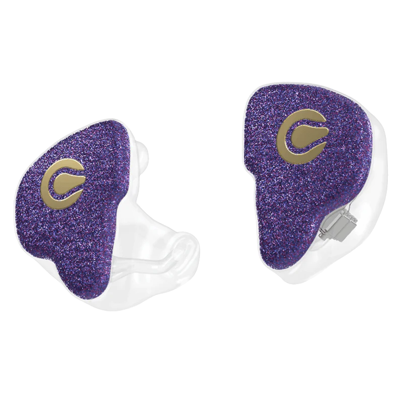 Two purple, glittery in-ear monitors with gold logos on a white background.