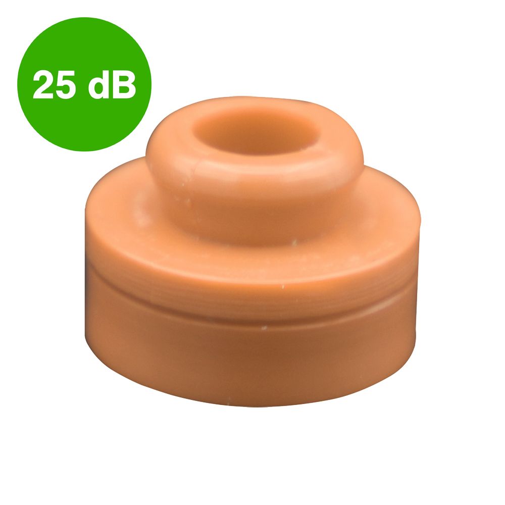 A tan, cylindrical earplug with a flanged top next to a green circle with the text