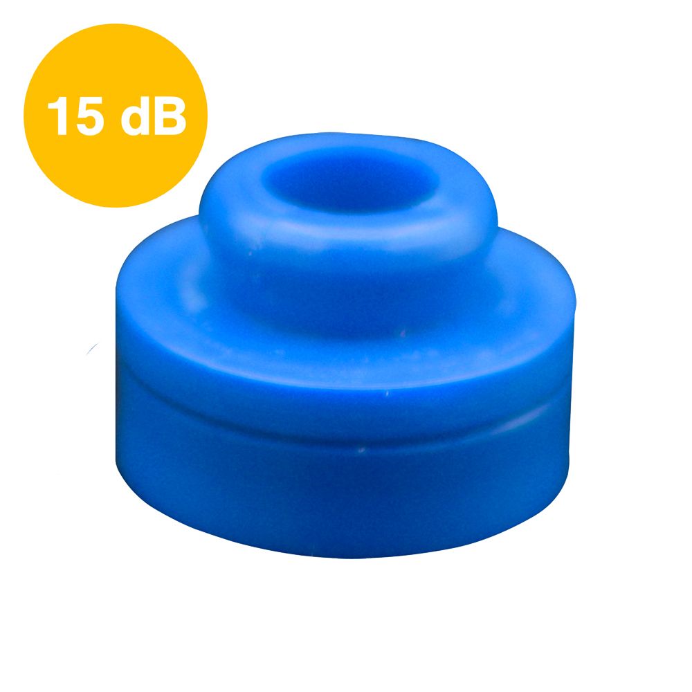 A blue, cylindrical earplug filter with a yellow circular label in the top left corner marked